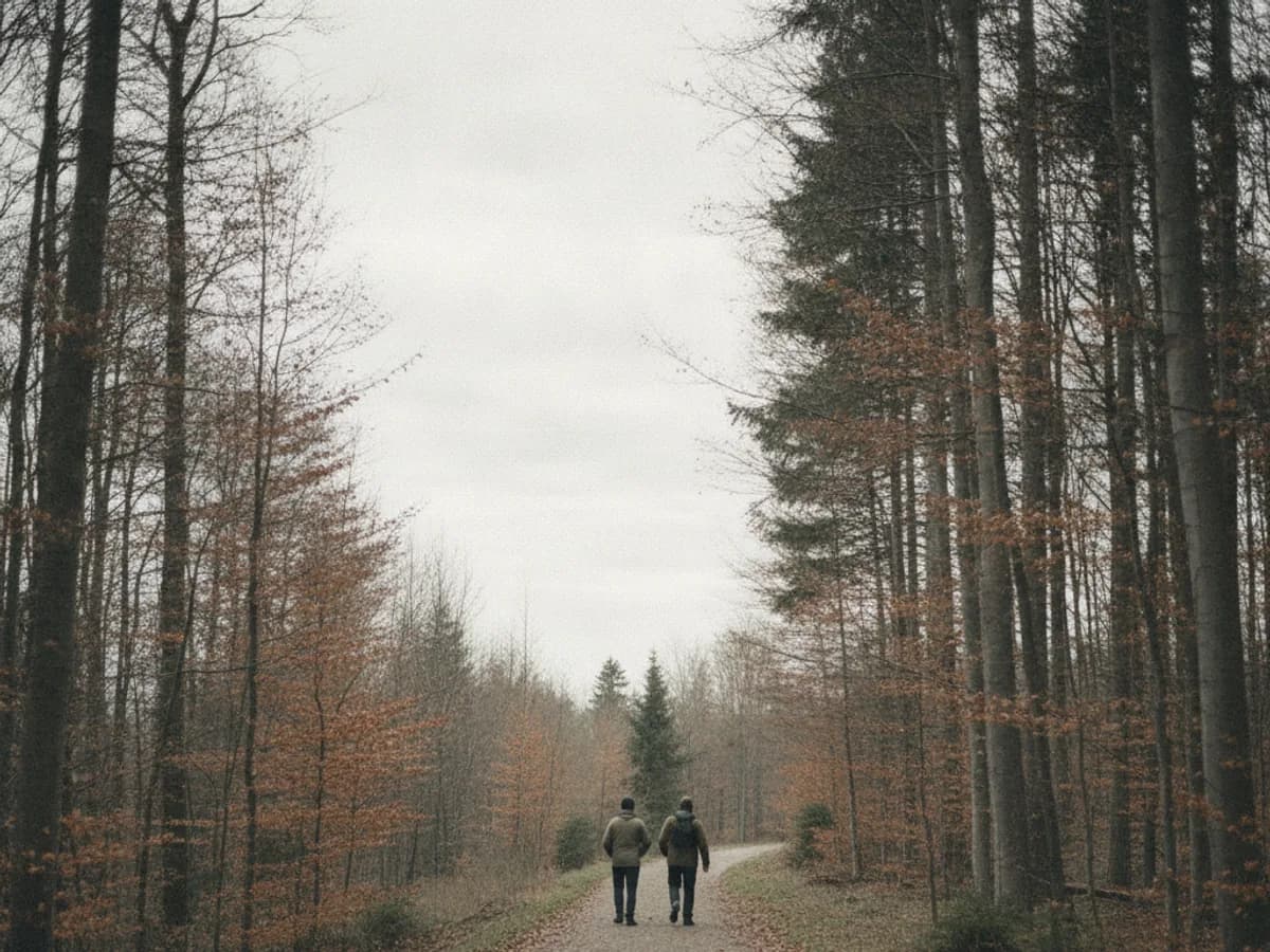Zwei Personen von hinten auf einem Waldweg bei Thun, bewölktes Licht
